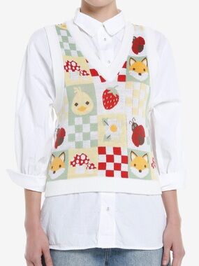 Playful Fox & Strawberry Knit Vest in Cream and Green